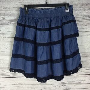 Crown & Ivy Women’s Blue Elastic Waist Tiered Pull On Lace Detail Skirt